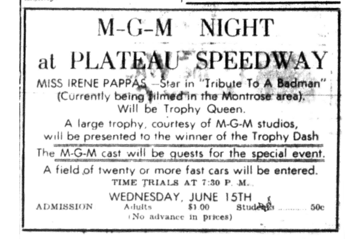   Montrose Daily Press , Montrose, Colo., Tuesday, June 14, 1955. Courtesy of Adult Services. Jim Merrick, Metro-Goldwyn-Mayer unit publicist for  Tribute,  probably set up this promotional /publicity/public appearance by Irene Papas and attendance b