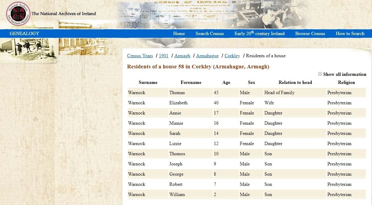   The Family of Elizabeth (McCoy) and Thomas Warnock, Bob’s Maternal Grandparents   1901 census records for Corkley (Armahague, Armagh) Ireland  Bob’s mother is listed as “Lizzie”; this may have been an error in recording “Lillie” as a diminutive of 