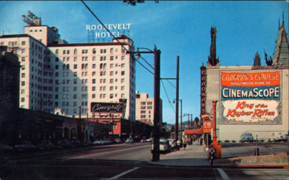  Below:  Hollywood Boulevard and Orange Street, 1952, looking east from area near Grauman’s Chinese Theater and the Roosevelt Hotel. 