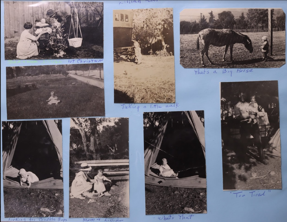  Fran as a toddler and young child. Captions are in her handwriting. Note Fran with her mother (bottom row, second from left) and father (bottom photo on right side), c 1919-1920. Camping out and going to the beach (most often Santa Monica) were favo