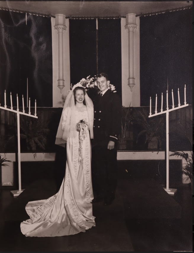  October 26, 1943  “Sandy flew down from Seattle, while at the same time his parents took the train out from their home in N.J…so nce to have our parents meet and to know each other.  “We were married at 7:30 PM in the First Baptist Church in Pasaden