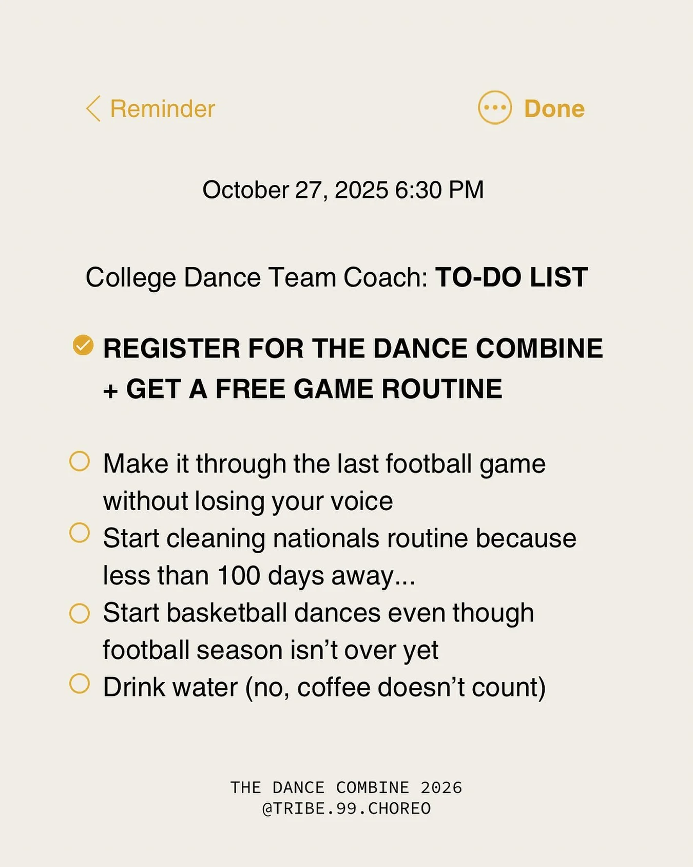 Hey College Coaches! Read the full caption to get a FREE GAME ROUTINE by TRIBE 99!

🚨COLLEGE COACH registration for THE DANCE COMBINE 2026 opens TOMORROW 1PM CST!

✨ Register within the first 24 hours and get a FREE TRIBE 99 GAME ROUTINE (aka the th
