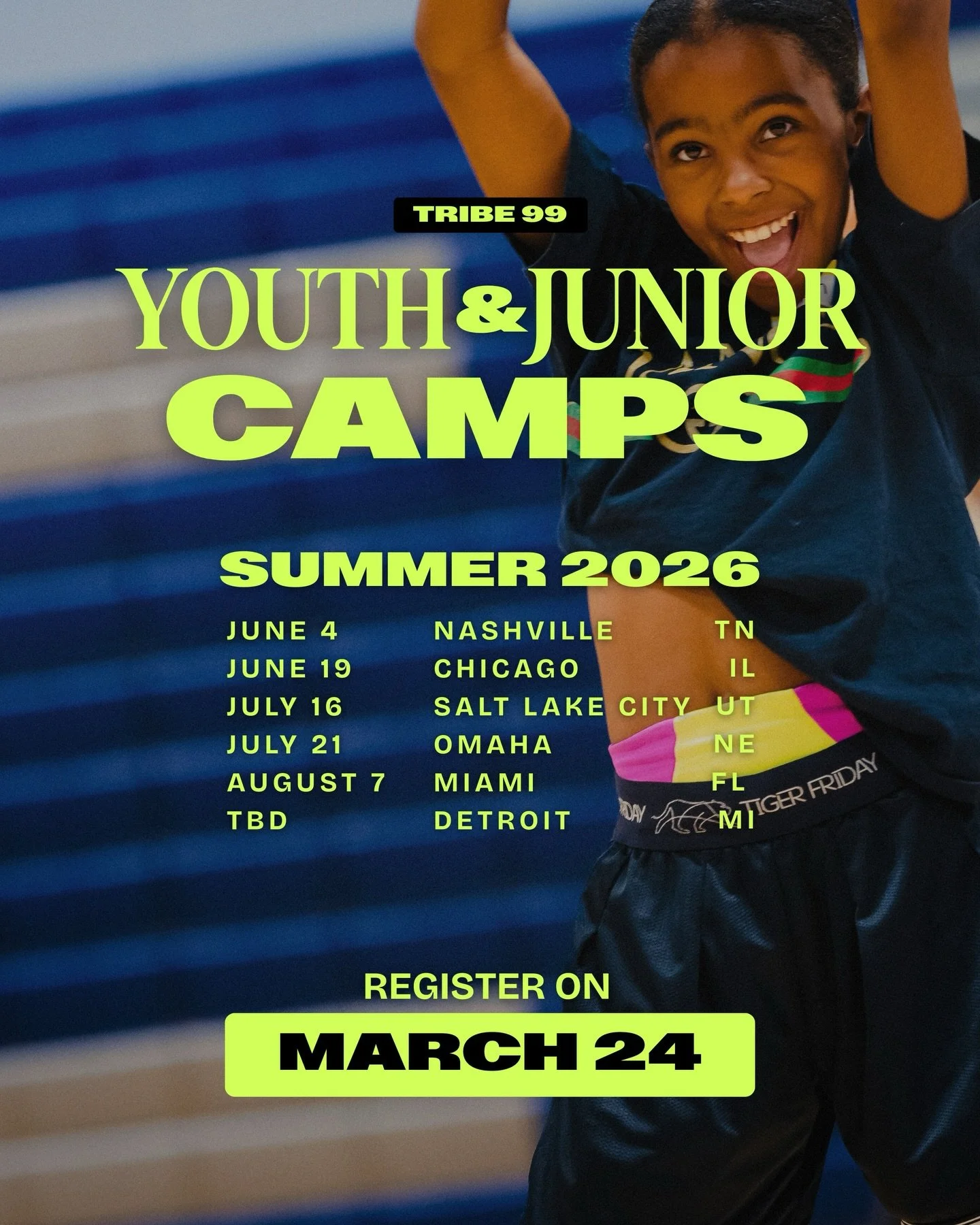 Under 13? We didn&rsquo;t forget about you 😉

These camps are where the TRIBE 99 journey begins - giving young dancers dance team training in a fun, supportive, and confidence-building environment.

For 2026, we&rsquo;ve separated age groups for mor