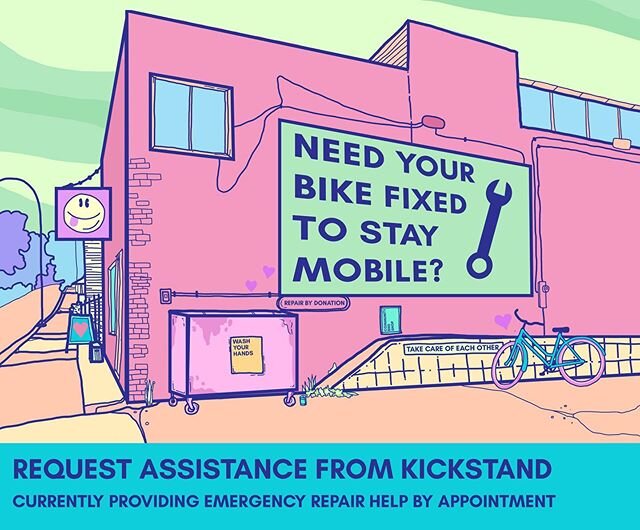 While Kickstand is closed to the public we are doing our best to support mobility needs during the COVID-19 pandemic. You can request an appointment for essential bike repair on our website (link in bio). We&rsquo;ll be responding to as many requests