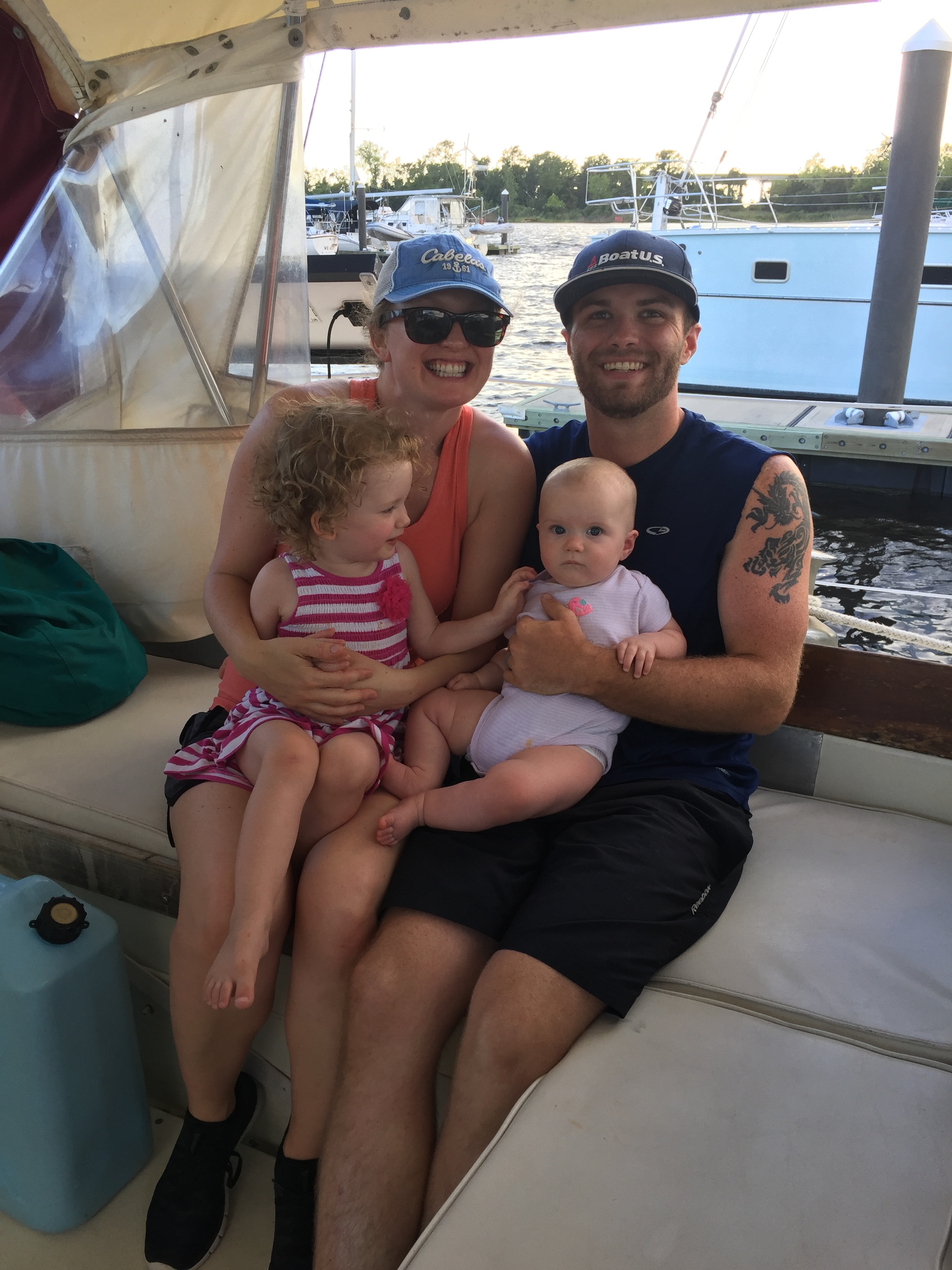 Our first night as a family on SV Alive after daddy arrives in Wilmington, NC.
