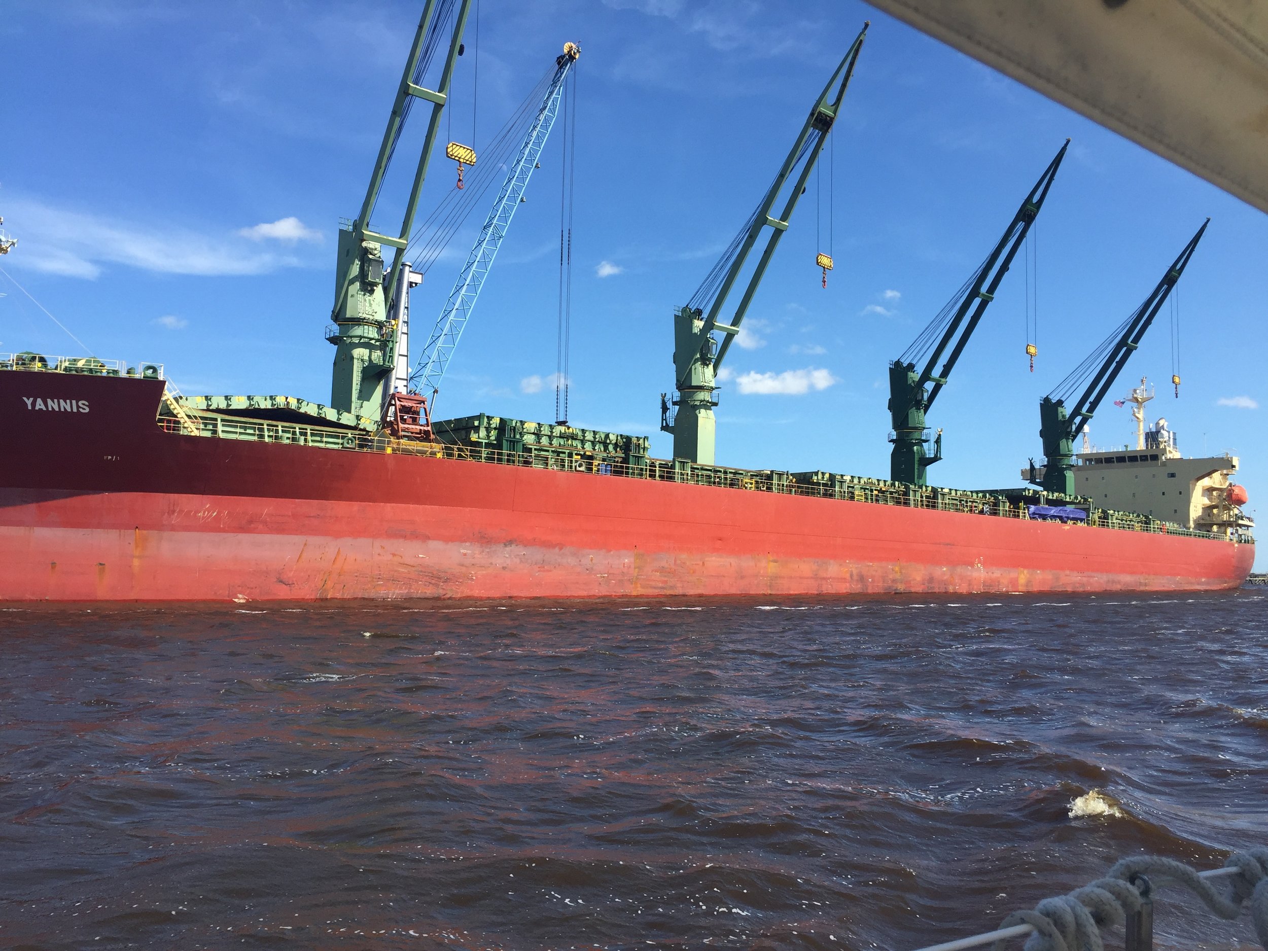Cruising by a massive container ship at the Port of Wilmington.