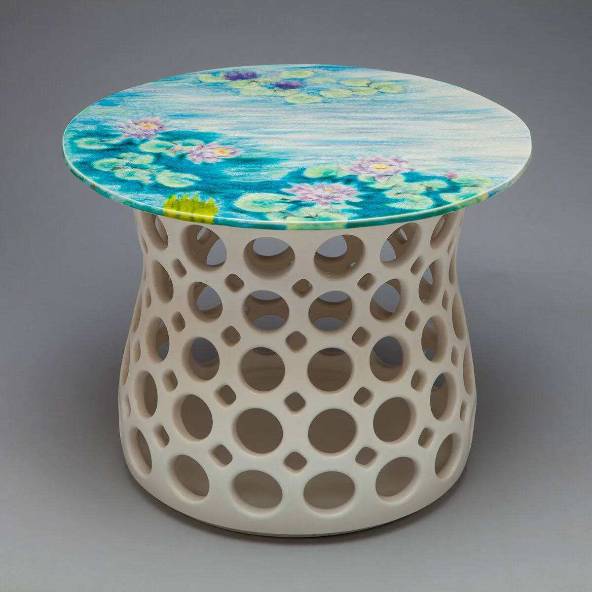 Stout Hourglass Openwork Table with Sue Barry Hand Painted Top (Turquoise Lily Pad)