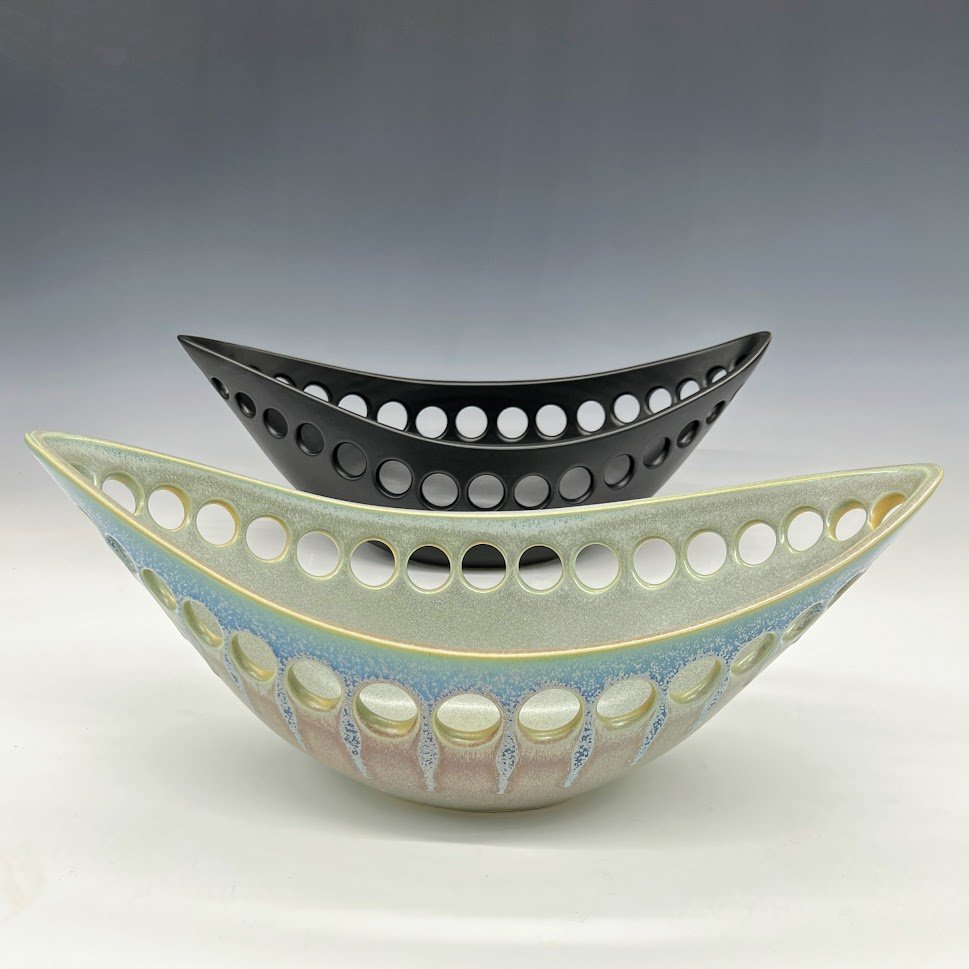 Midcentury modern black glazed ceramic fruit bowl centerpiece