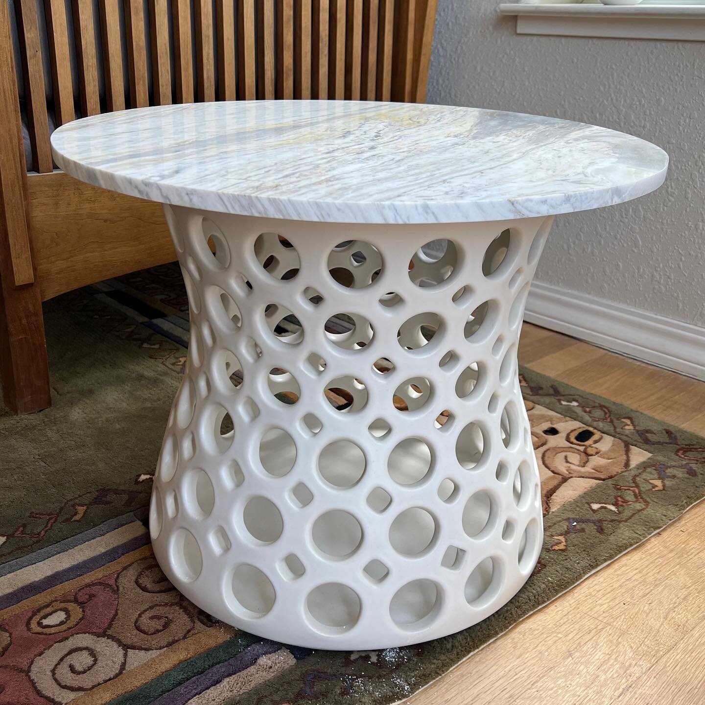 A new stone tabletop arrived yesterday. It looks good! Can&rsquo;t wait to show them in Palo Alto at the Clay and Glass Festival.  #lynnemeade #ceramicfurniture #sidetable #piercedpottery #whitetable #whitesidetable #marbletabletop #handmade #artisan