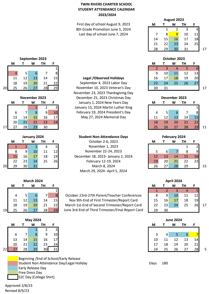 Attendance Calendar & Daily Schedule — Twin Rivers Charter School Attendance Calendar & Daily Schedule — Twin Rivers Charter School