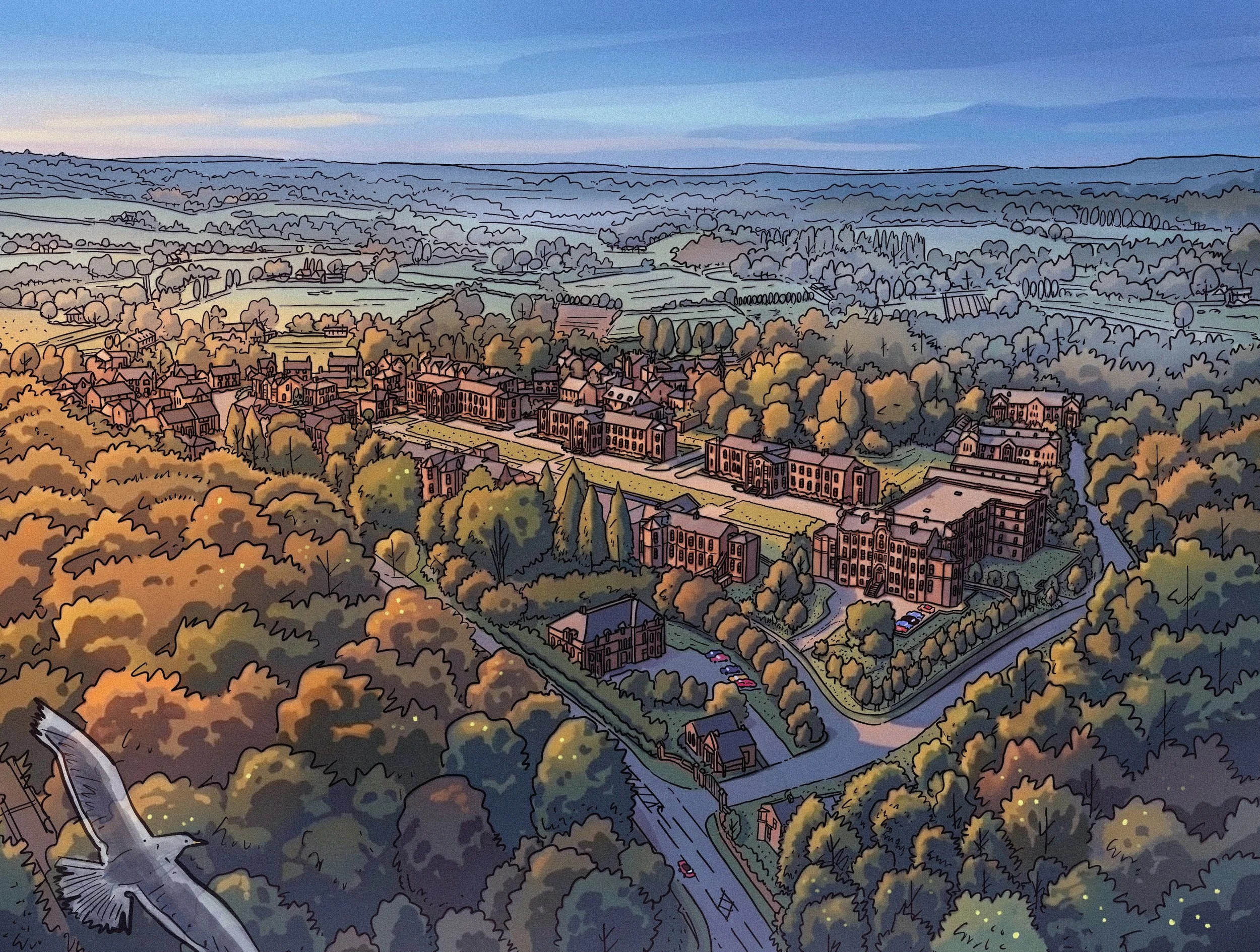 Architectural Illustration; Cinematic illustration of an aerial view masterplan