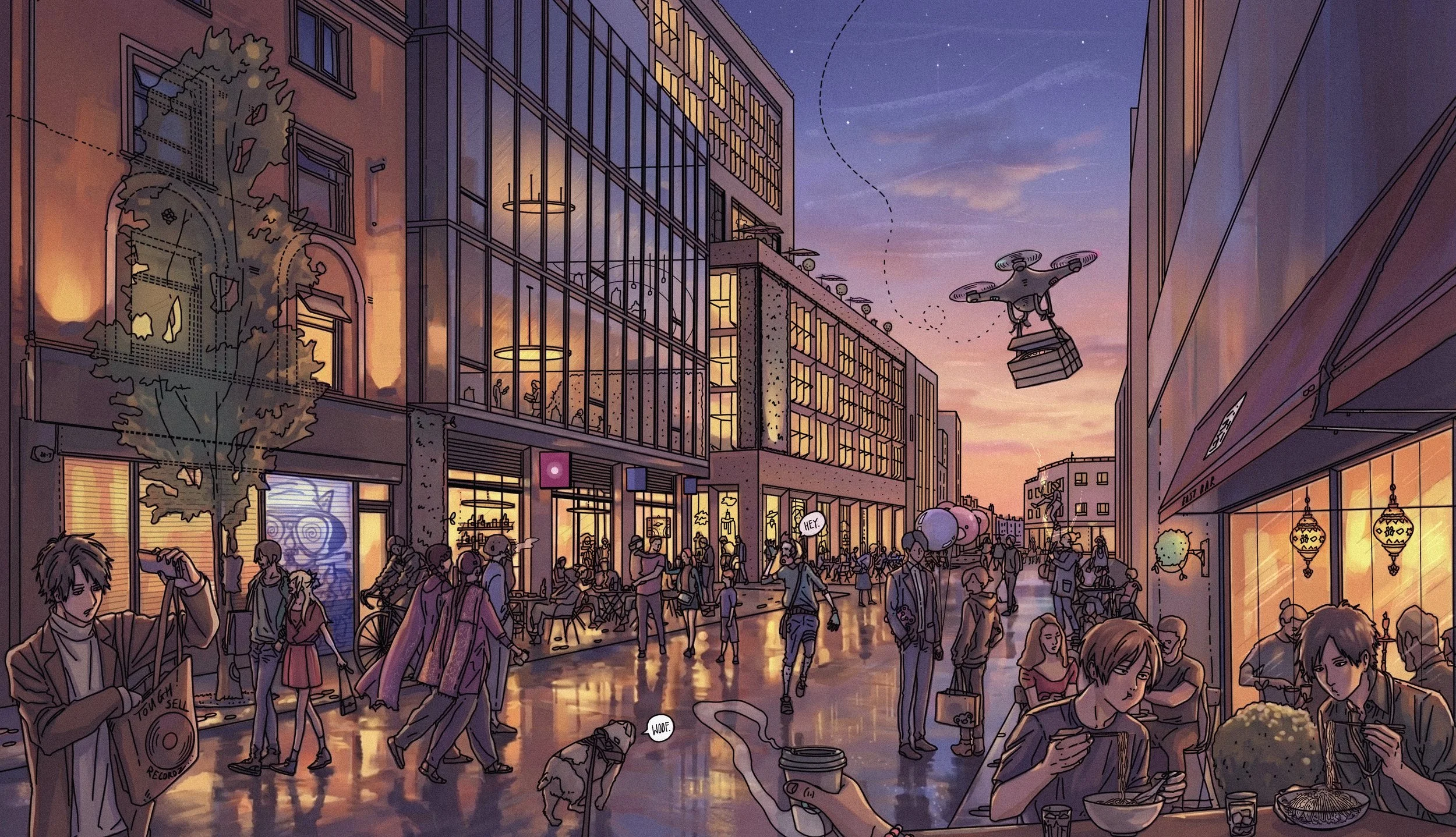 Architectural Illustration; Cinematic Illustration; bustling London street, architecture drawing