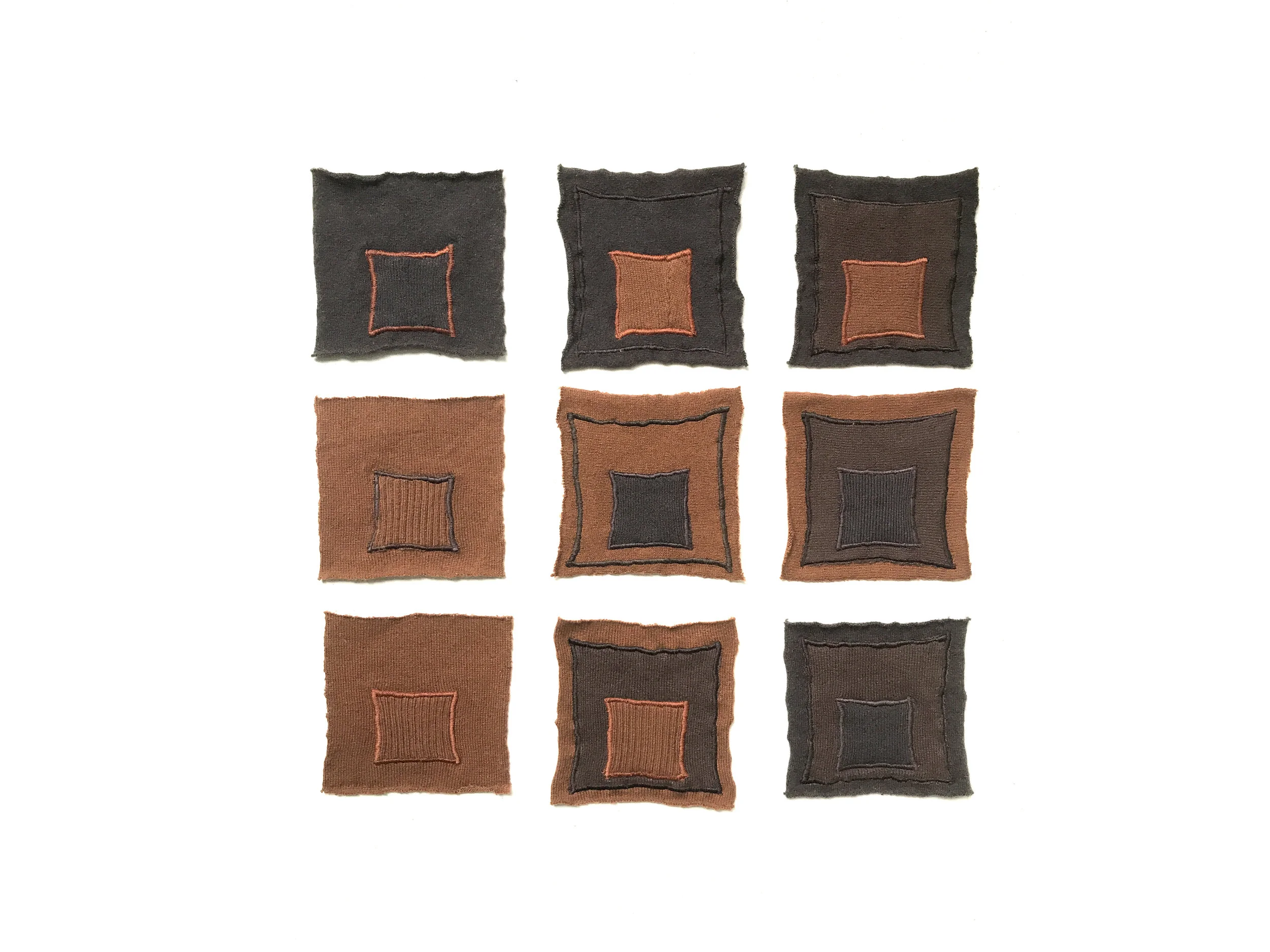   Color Study Kit  2018  Cotton and polyester embroidery on cashmere knit  5-1/8 x 5-1/8 inches each 