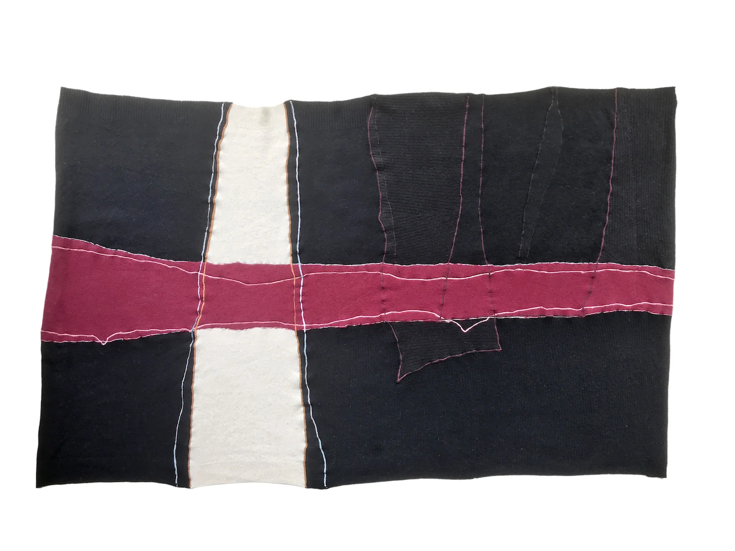   Recto above, verso below   Cotton, polyester and metallic embroidery on cashmere knit  53 x 38 inches 