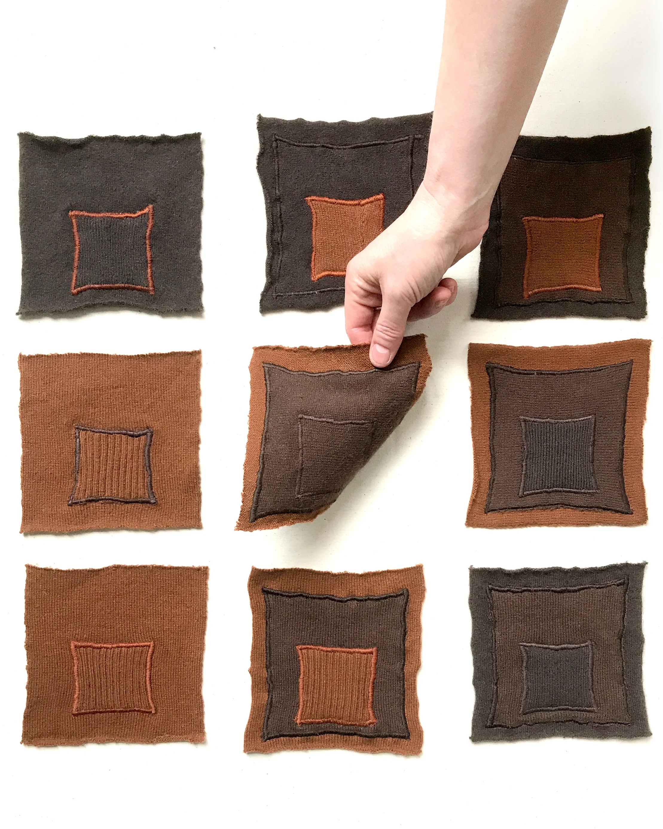  I made this series of multiples to teach myself color theory and to understand more about what it means to work with thread and fabric -where lines are necessarily three-dimensional- rather than paint. 