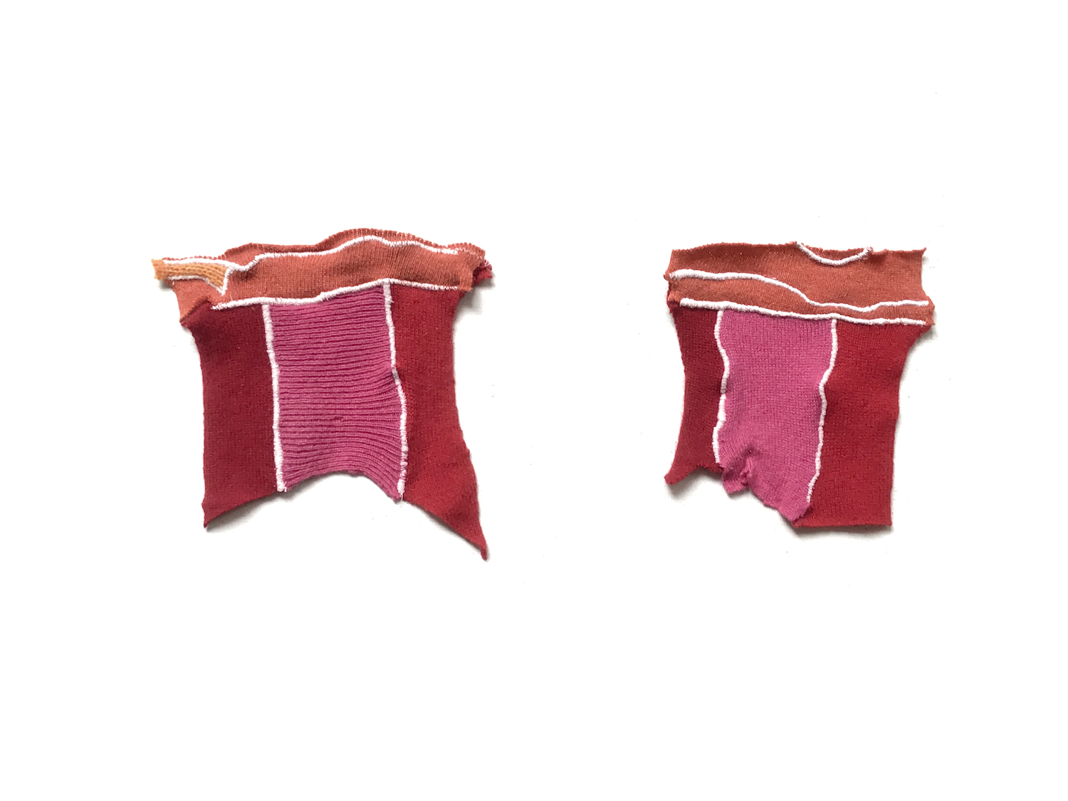   Color Study Multiples (Four Reds)  2018  Cotton embroidery on cashmere and wool knits  7 x 7 inches each 