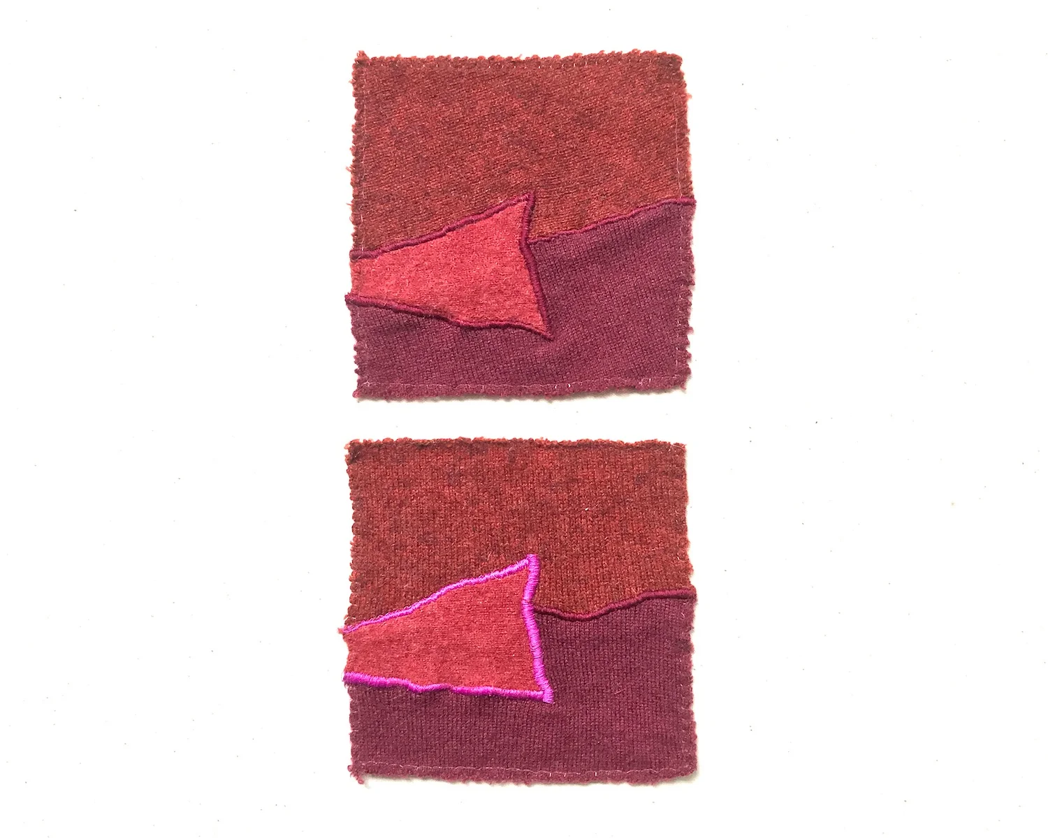   Color Study Multiples  2018  Polyester embroidery on cashmere knit  7 x 7 inches each 