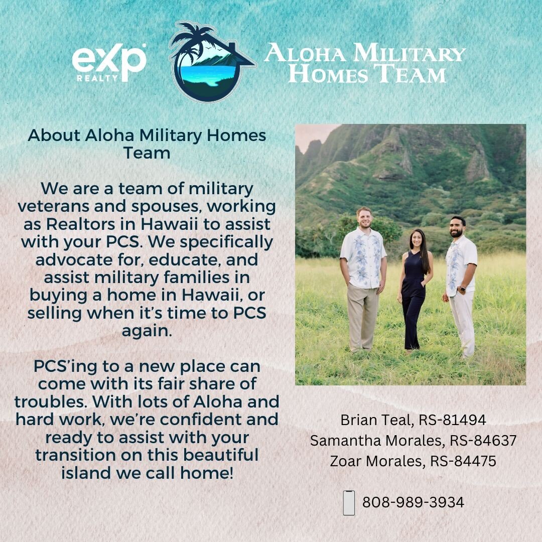 PCS&rsquo;ing to a new place can come with its fair share of troubles. With lots of Aloha and hard work, we&rsquo;re confident and ready to assist with your transition on this beautiful island we call home!

🏡 Aloha Military Homes Team, eXp Realty
?