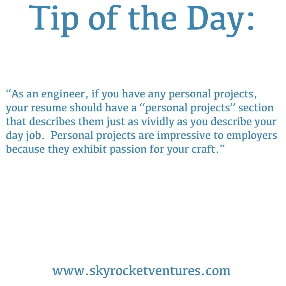 Skyrocket Ventures #TipOfTheDay When working with us, we offer a variety of great tips to help you achieve your goals. To be considered for all of our jobs and have a personalized experience, contact us to discuss your preferences and we'd love to speak with you! www.skyrocketventures.com We encourage you to check out Skyrocket Ventures on Social Media: Facebook Instagram LinkedIn Medium Tumblr To get a sense of what types of companies Skyrocket Ventures works with and what types of jobs we help them recruit for, we encourage you to check our job posting sites: Monster Dice LinkedIn