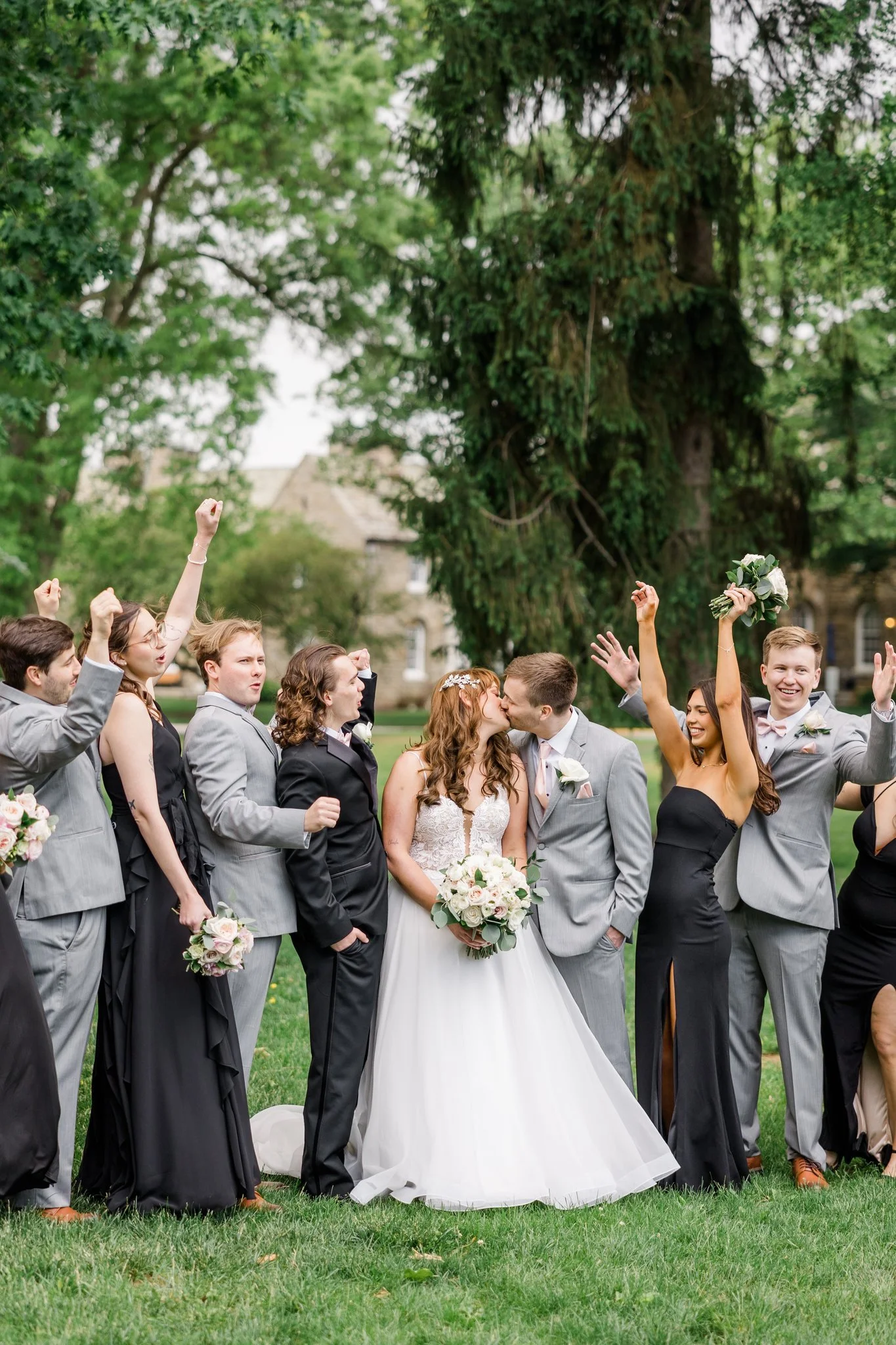Bridal party at Ballroom at Ellis Preserve white and pink bouquet flowers