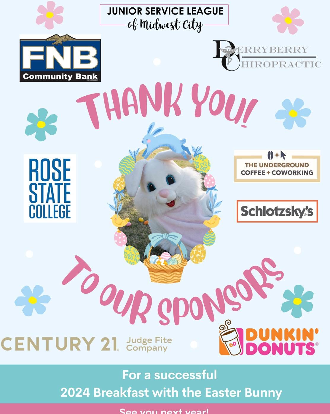 🌸🐰Thank you to all the sponsors supporting JSL&rsquo;s Breakfast with the Easter Bunny! 🐰🌸

FNB Community Bank
The Underground
Rose State College
Schlotzsky's
Dunkin'
Century 21

#jslmwc #jslbweb2024 #cityofmidwestcity #rosestatecollege #easterbu