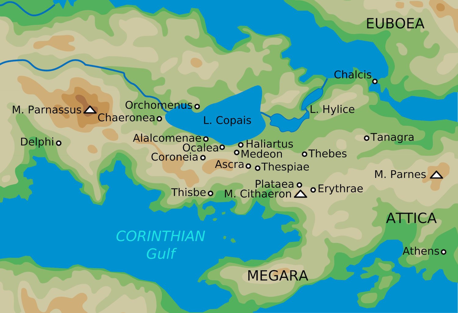 A map of the landmarks of ancient Boeotia, including the now-dry Lake Copais