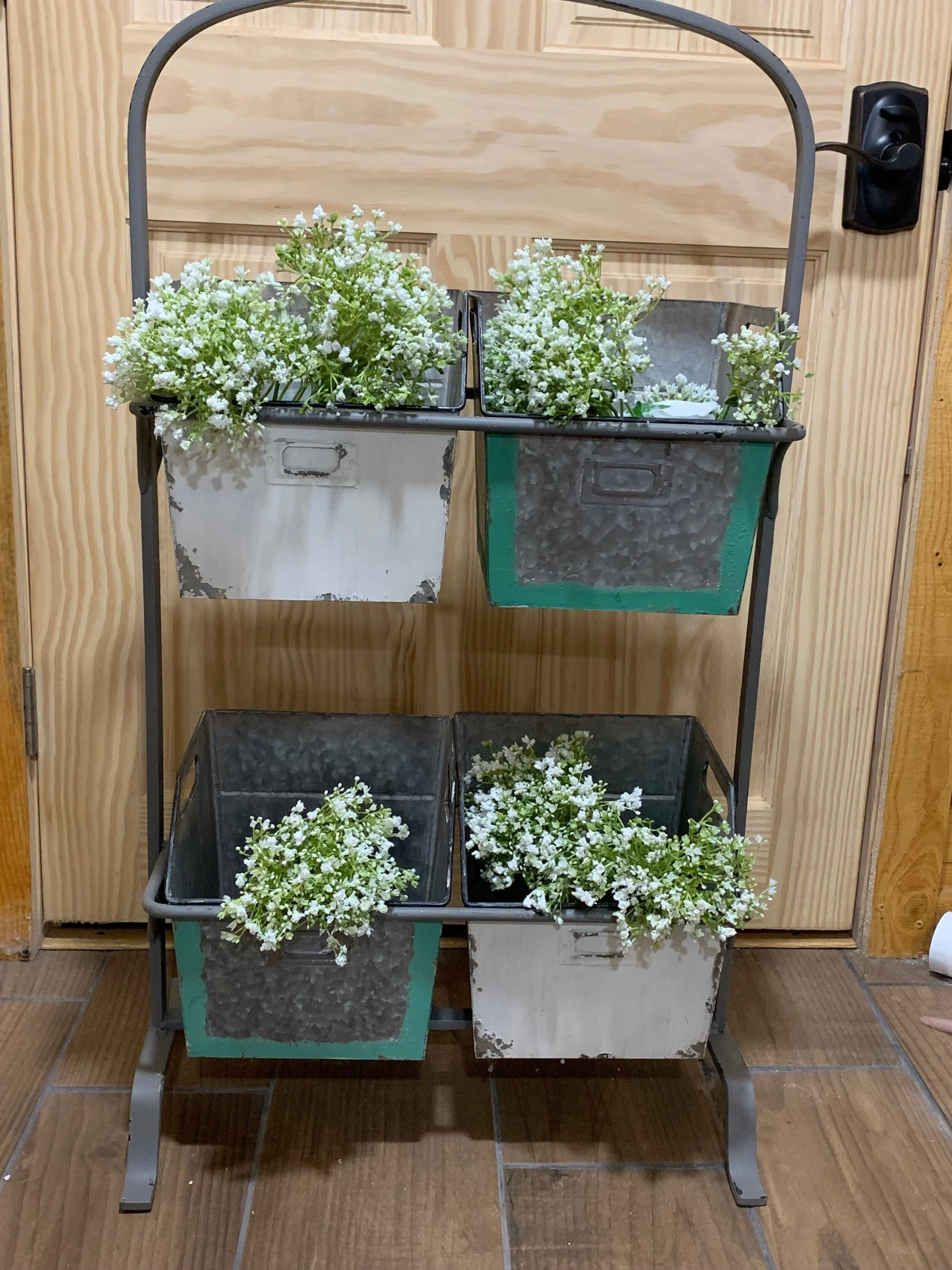 4 bin green and white metal storage holder 