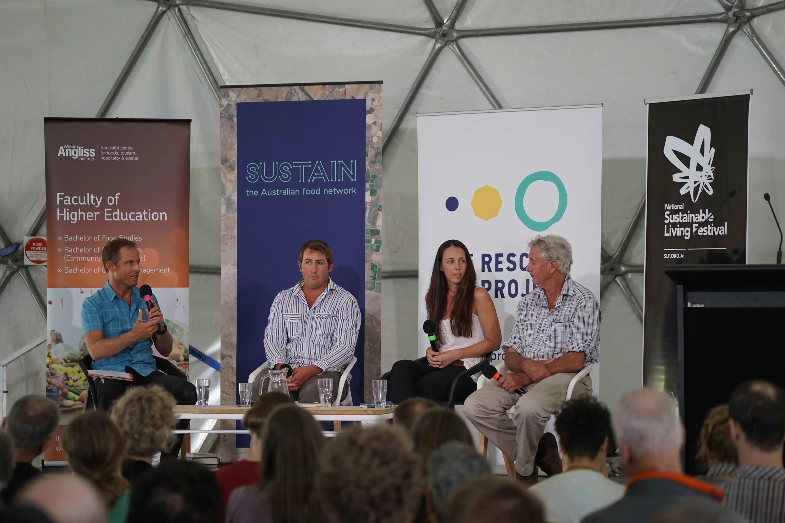 Anthony James, David Pollock, Frances Jones & Charles Massey in conversation at the National Sustainable Living Festival (SLF). Pic: SLF.
