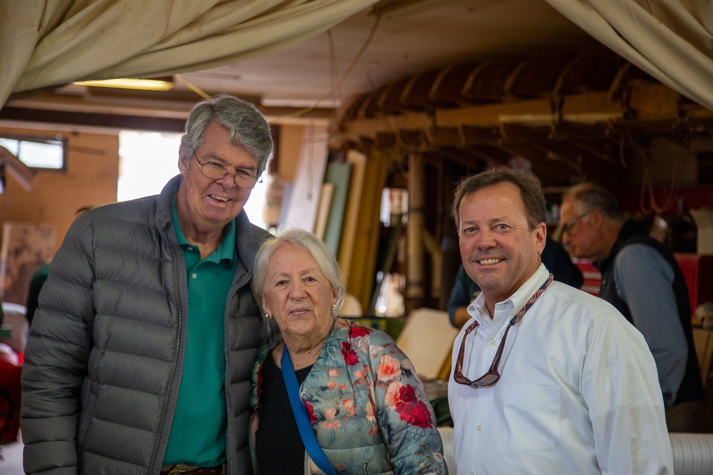    Boatbuilder Bruce Dyson, prime benefactor Marty Morgan Lindsay and boat designer Doug Zurn, April 2023   