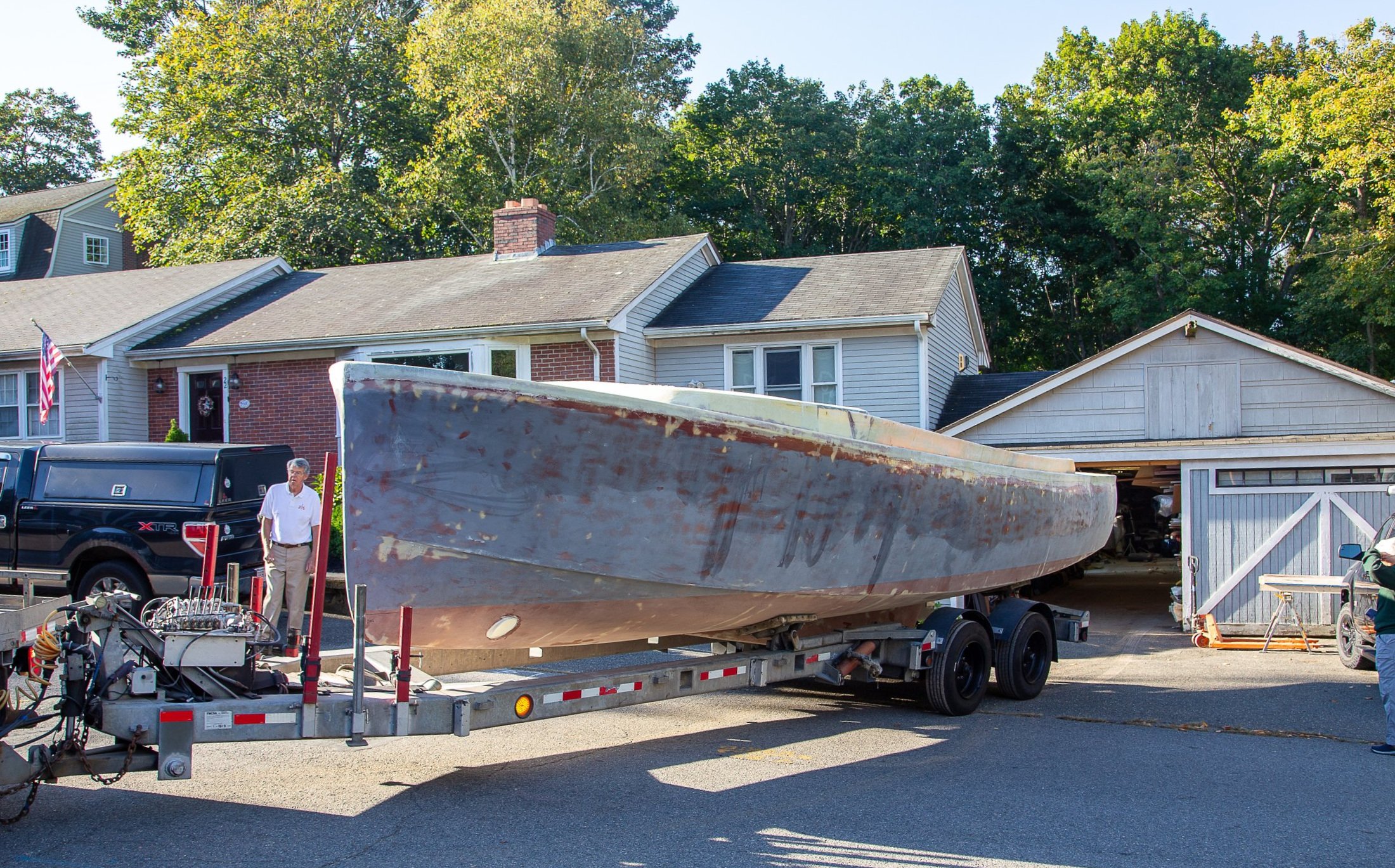    Appy VI hull ready to be transported to Boston Boatworks in Boston.   