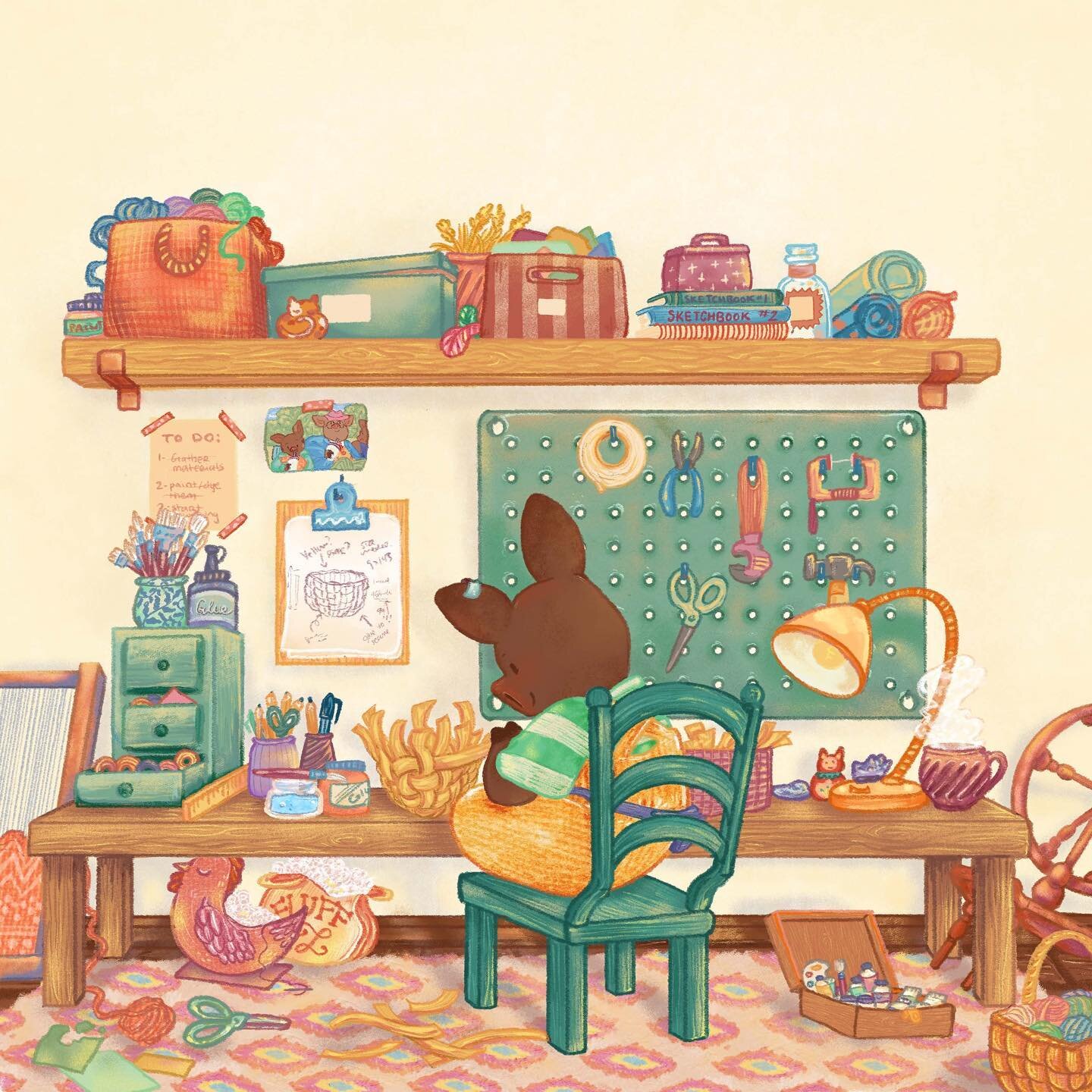 The back cover illustration from &ldquo;Prak Fills The House&rdquo;, which is out now! I loved drawing Prak at her desk, she makes me want to try all of the crafts I&rsquo;ve never done before! 🧶

🏷️ #artistsoninstagram #picturebook #picturebookart