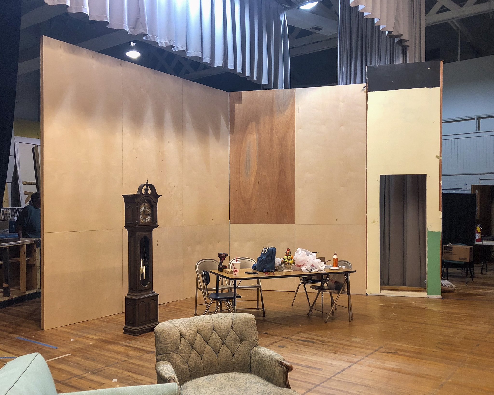 Set construction for &quot;The Last Night of Ballyhoo&quot; began last night! Our construction crew placed our newly constructed flats on stage to form the beginnings of the living room and dining room of the Freitag family. We are excited for you to