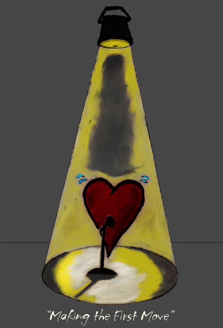 Illustration of a heart under a spotlight with a shadow, titled 'Making the First Move.'