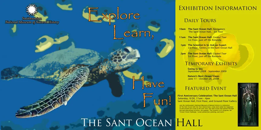 Promotional poster for the Sant Ocean Hall at the Smithsonian National Museum of Natural History, featuring a sea turtle image and information about daily tours, temporary exhibits, and an anniversary event.
