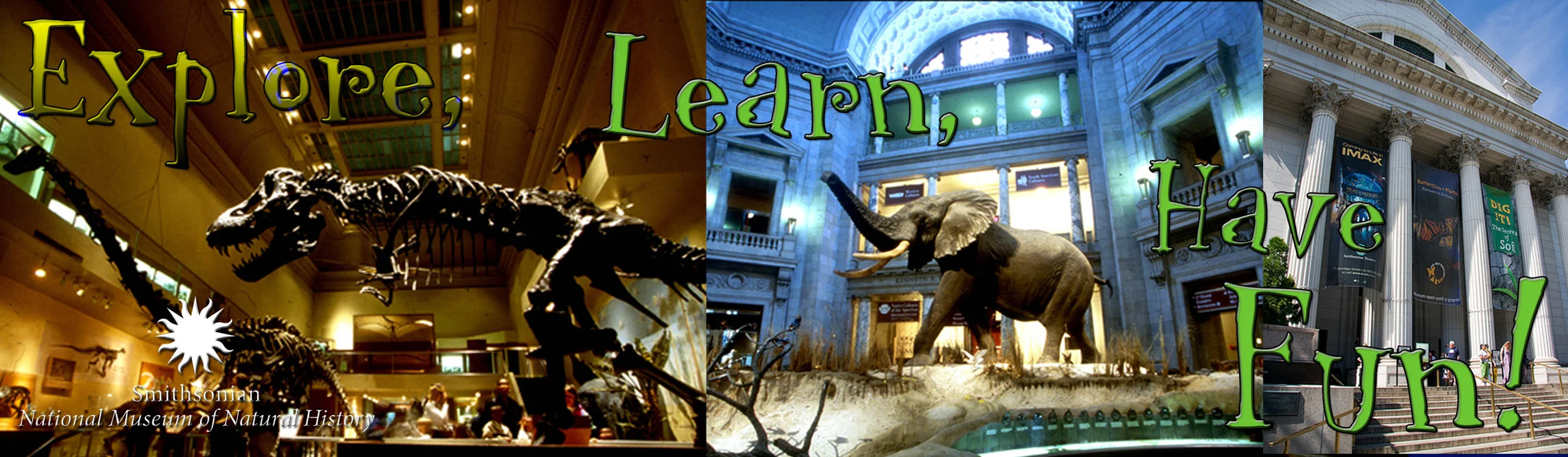 Collage of the Smithsonian National Museum of Natural History, featuring dinosaur fossils, an elephant display, and the museum's exterior with the text 'Explore, Learn, Have Fun!'