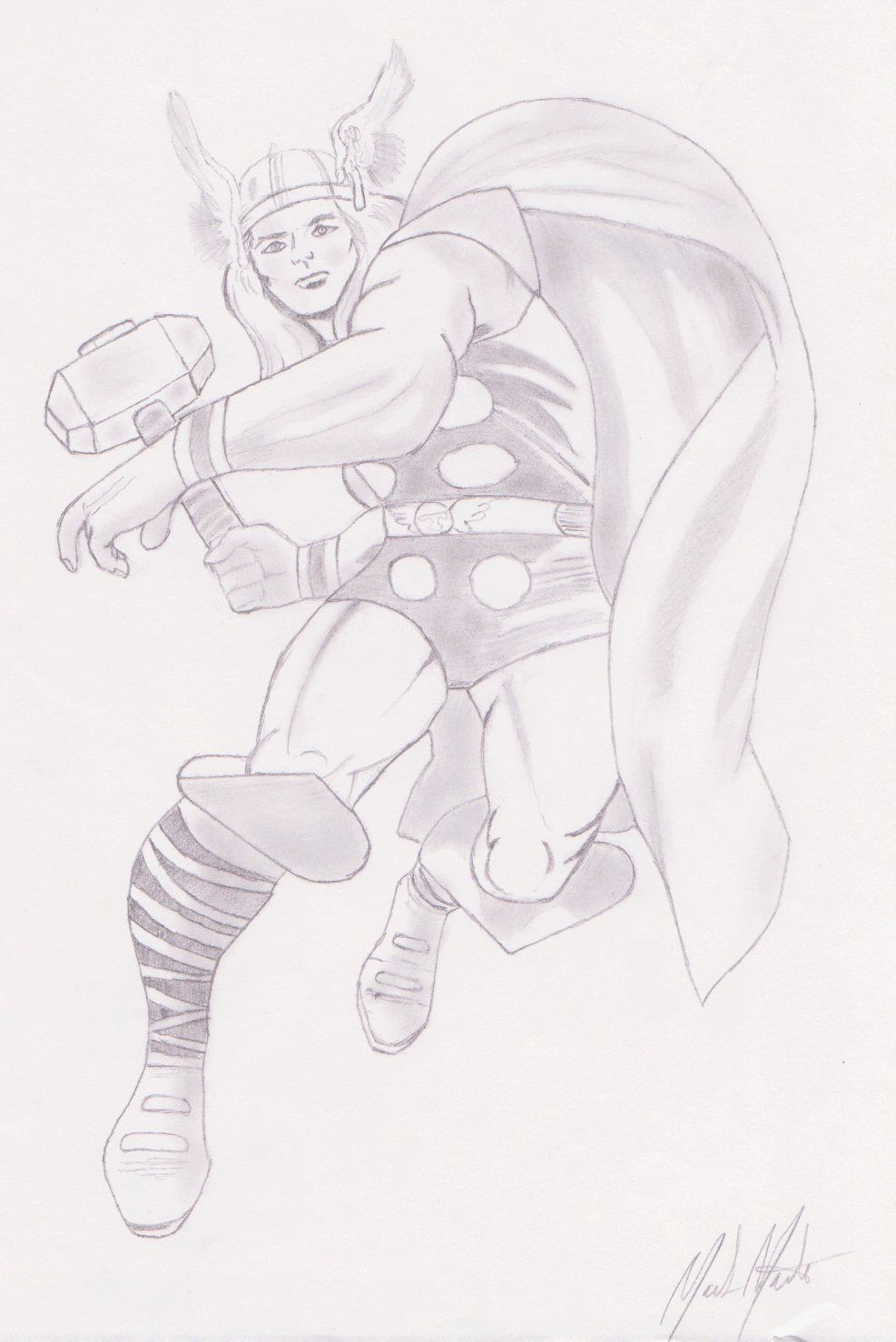 Pencil drawing of a superhero with winged helmet and hammer, wearing a cape.