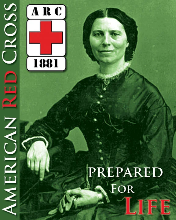 Vintage portrait of a woman from the 19th century, with "American Red Cross" text, a red cross emblem marked "ARC 1881," and the phrase "Prepared for Life."