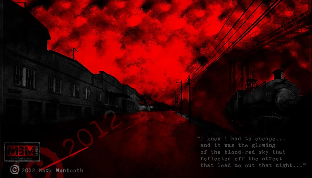 Surreal image with a blood-red sky, dark urban street, silhouetted buildings, power lines, and a steam locomotive. Text overlay with quote about escaping under the glowing sky, artist credits to Mark Montooth.