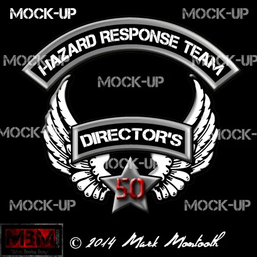 Mock-up design featuring "Hazard Response Team" and "Director's" text with winged emblem and a star displaying the number 50, created by Mark Monbooth in 2014.
