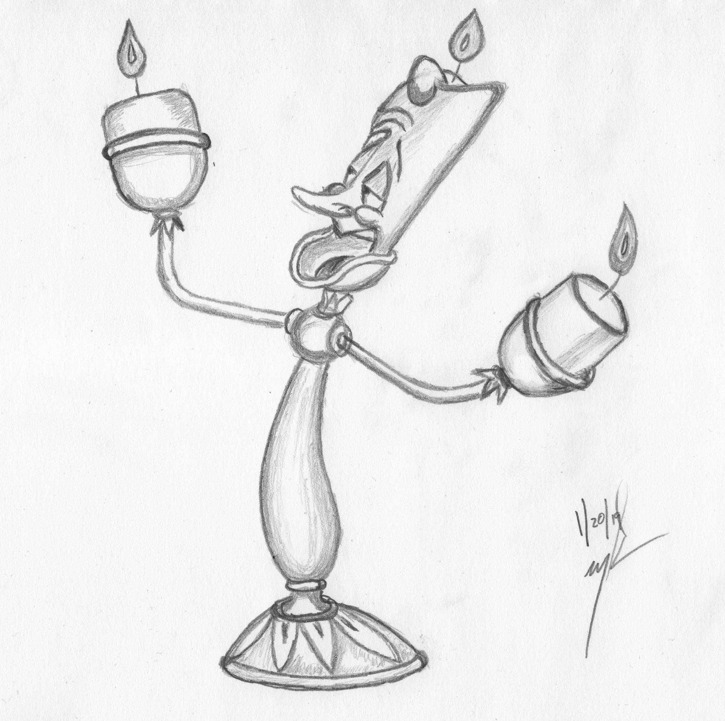Sketch of an animated candelabra with arms and facial features, holding two lit candles.