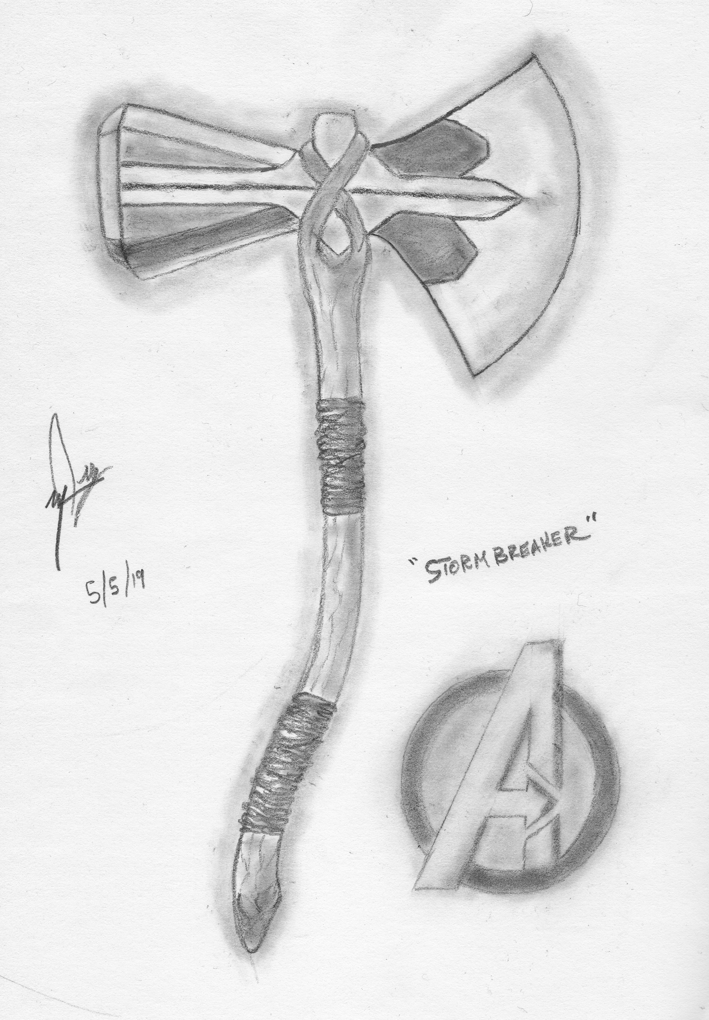 Pencil drawing of the Stormbreaker axe from Marvel Comics, with an Avengers logo.