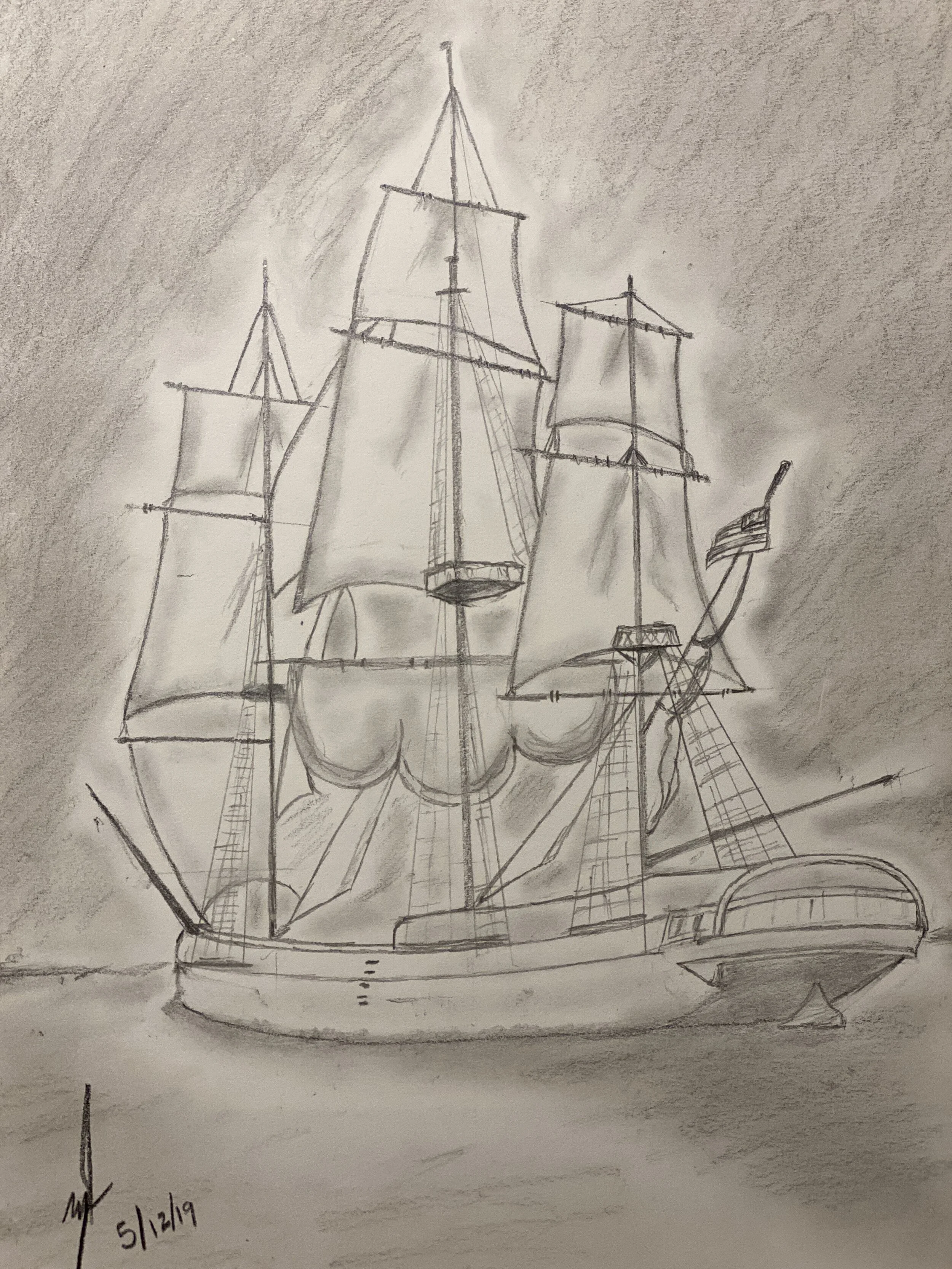 Pencil sketch of a traditional sailing ship with multiple sails and masts on a textured background.