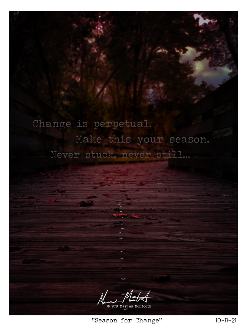 A wooden walkway covered in autumn leaves leads through a shadowy forest. The sky is in shades of red and purple, with text overlay reading: 'Change is perpetual. Make this your season. Never stuck, never still.' The image is titled 'Season for Chang