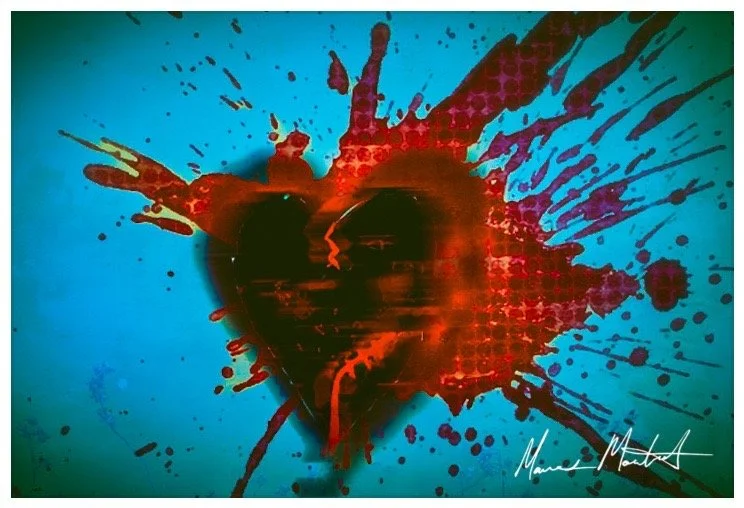 Abstract art of a dark red heart with paint splatters on a blue background.