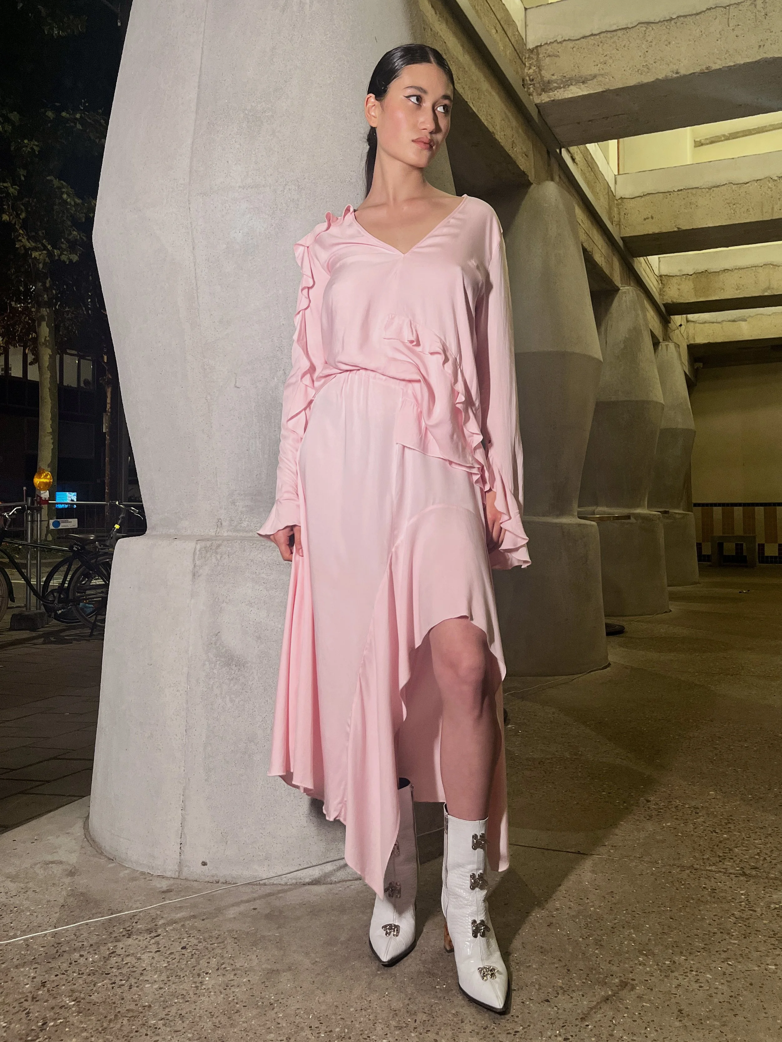 SANTA MARIA - Assymetric Flowy Skirt W/ Frilles - Pink