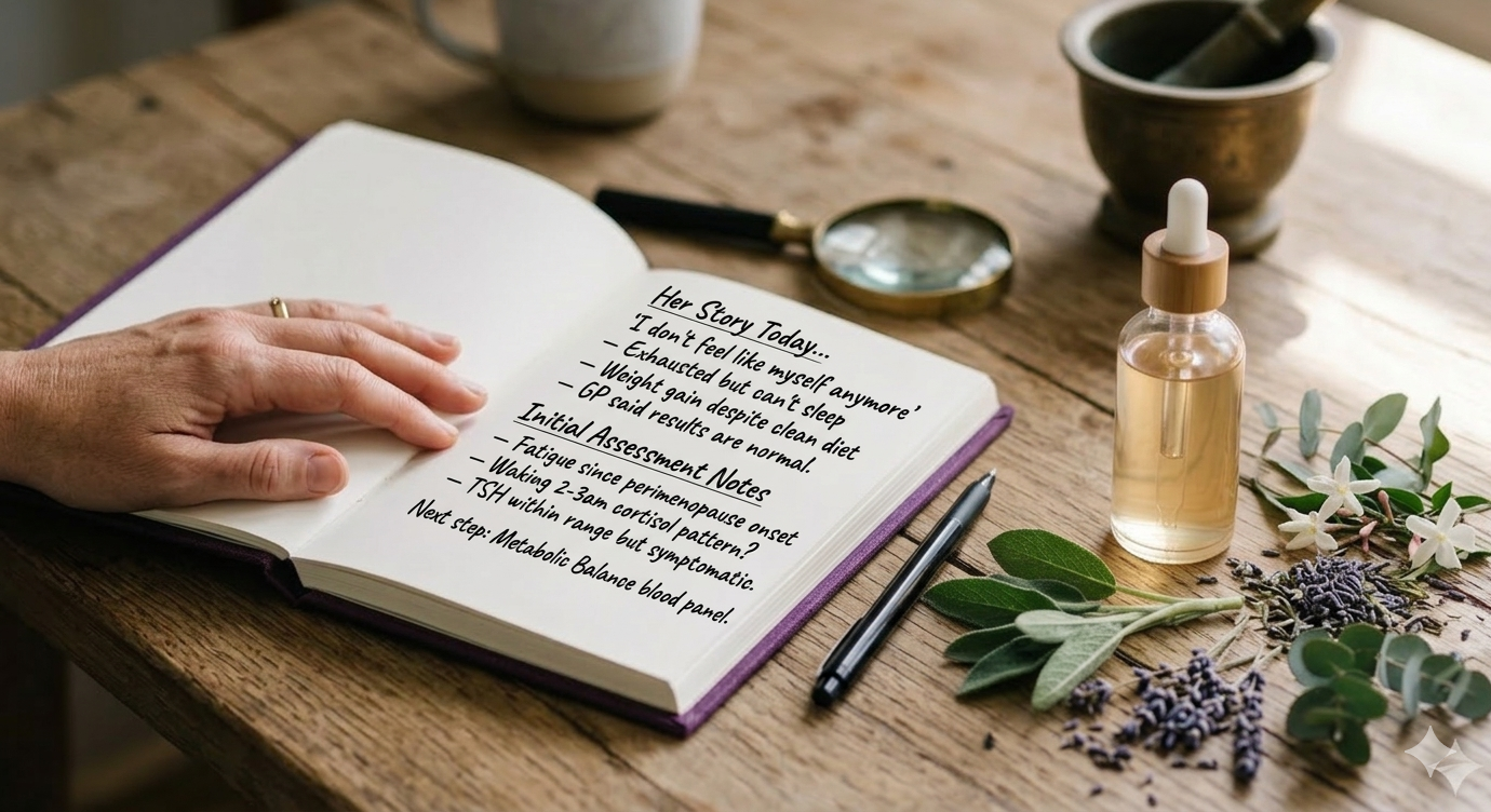 Naturopath's journal with personalised assessment notes surrounded by fresh herbs