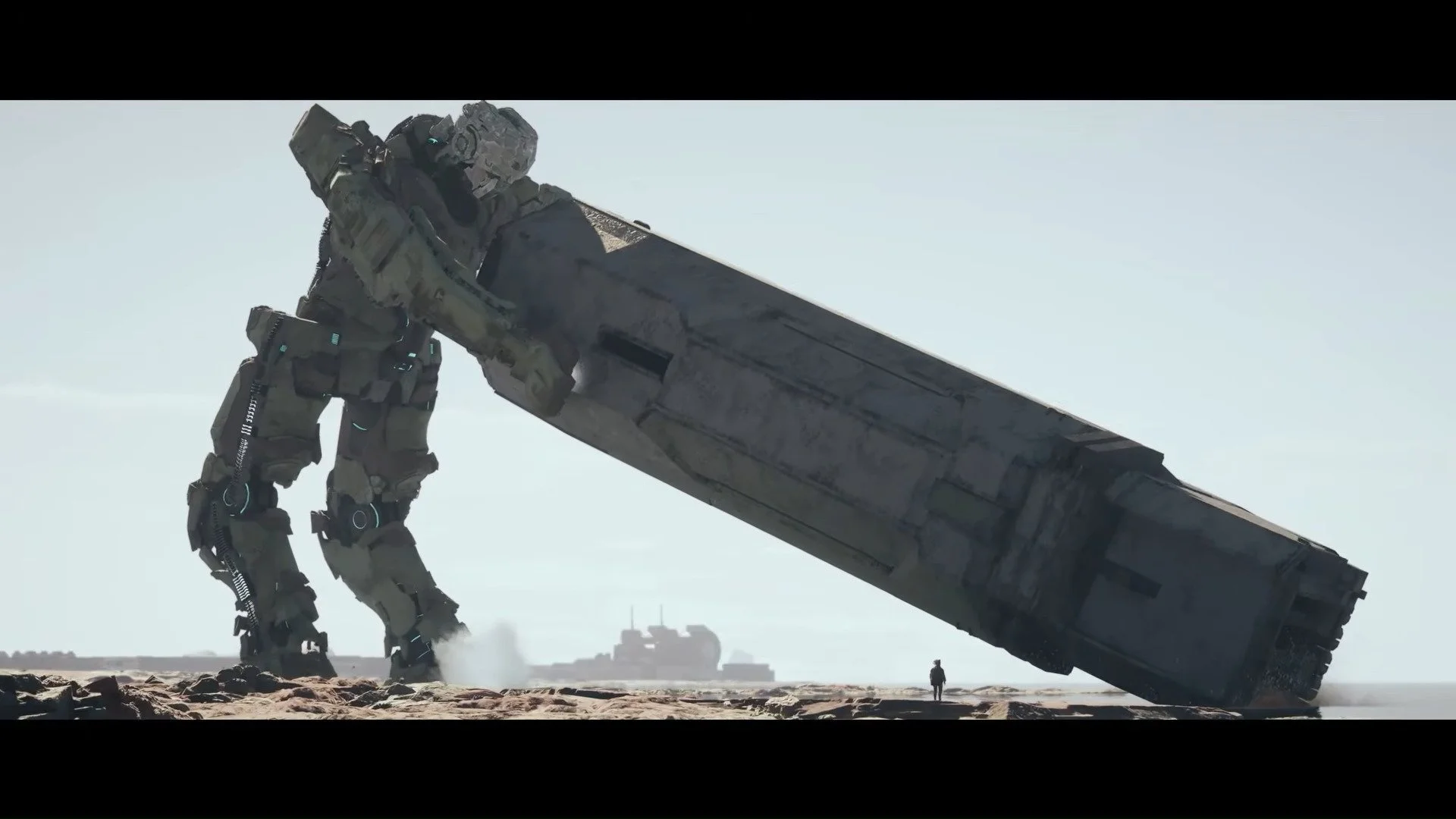 Alt text: A giant robot lifts up a large, rectangular object while a figure standing on the ground looks on.