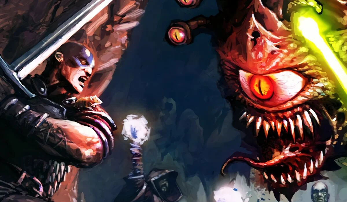 Alt text: A bald man wielding a sword with both hands runs at a snarling one-eyed beholder.