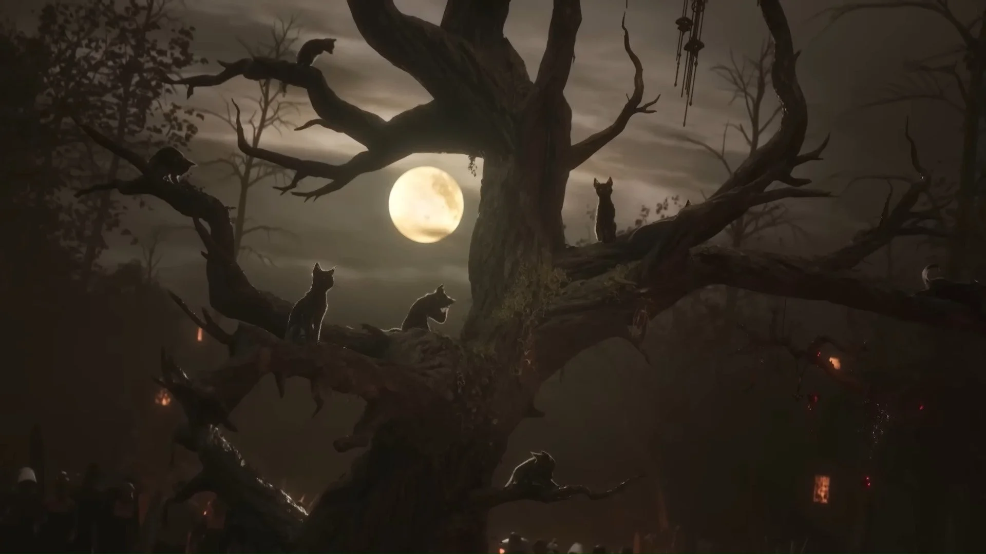 Alt text: A cinematic from 1666: Amsterdam, depicting a tree with cats sitting on it. They are looking out at the full moon.