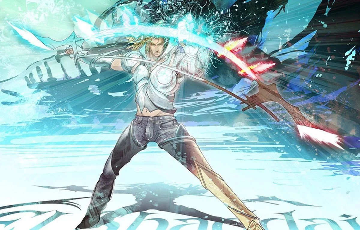 Alt text: A man who is wearing white armor and has blonde hair looks off to the left. A large white structure can be seen behind him.